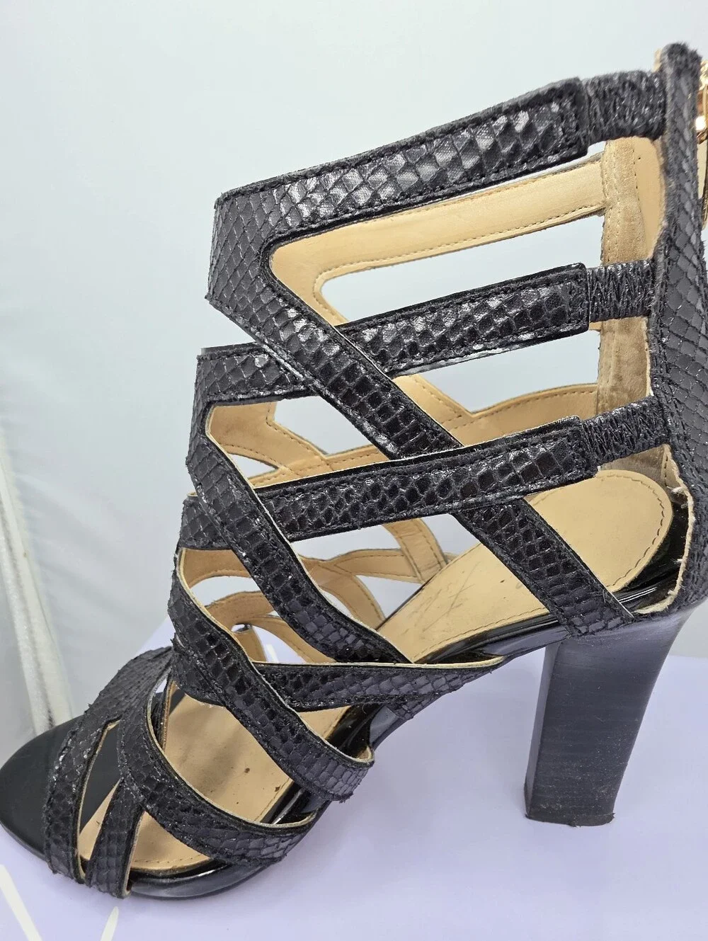 Marc Fisher faux snakeskin caged heels 7.5